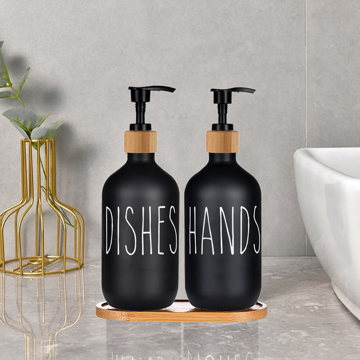 Dish Soap Dispenser and Hand Soap Dispenser with Bamboo Pump and Tray 16 Oz Matte Black Soap Dispenser Set for Kitchen