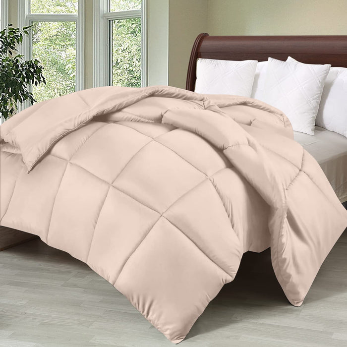 Comforter Duvet Insert - Quilted Comforter with Corner Tabs - Box Stitched down Alternative Comforter (Queen, Beige)