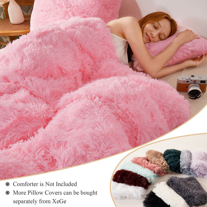 3 Piece Fluffy Duvet Cover Set, Luxury Ultra Soft Faux Fur Fuzzy Comforter Cover Set, Velvet Shaggy Plush Furry Bedding Set with 2 Pillow Covers, Zipper Closure, Queen Size, Pink