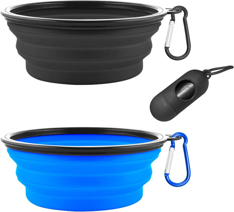 Collapsible Dog Bowls, Portable Travel Dog Bowls, Expandable for Cat Dog Water Bowls Food Feeding, 2 Pack Silicone Pet Bowls with Waste Bag Dispenser