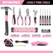 Pink Tool Kit - Hand Tool Set with Easy Carrying round Pouch - Durable, Long Lasting Chrome Finish Tools - Household Tool Kit Perfect for DIY, Home Maintenance - Pink Ribbon