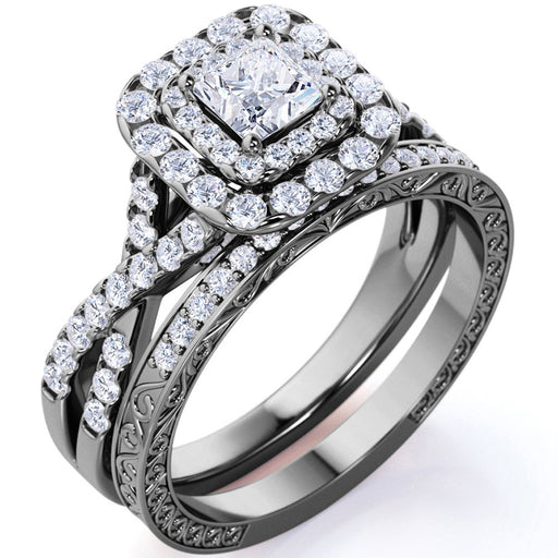1.25 Ct - Square Moissanite - Double Halo - Twisted Band - Vintage Inspired - Pave - Gothic Wedding Ring Set in 18K Black Gold over Silver