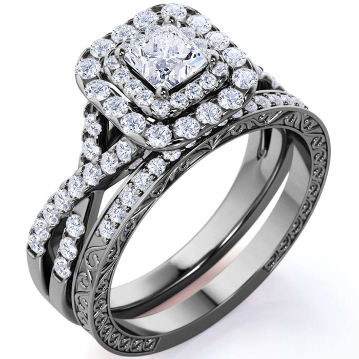 1.25 Ct - Square Moissanite - Double Halo - Twisted Band - Vintage Inspired - Pave - Gothic Wedding Ring Set in 18K Black Gold over Silver