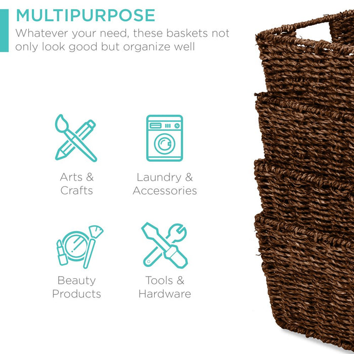 Set of 4 Multipurpose Stackable Seagrass Laundry Organizer Tote Baskets W/ Insert Handles - Brown