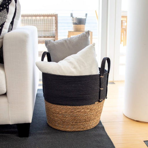 Set of 2 Natural round Storage Basket, Braided Seagrass & Paper Rope (XL+LG), Natural & Black