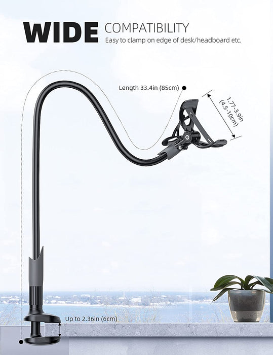 Phone Holder Bed Gooseneck Mount - Cell Phone Clamp Clip for Desk, Flexible Lazy Long Arm Headboard Bedside, Overhead Mount Stand, Compatible with Iphone 14 plus / Pro Max XR X 8 7 6 Plus