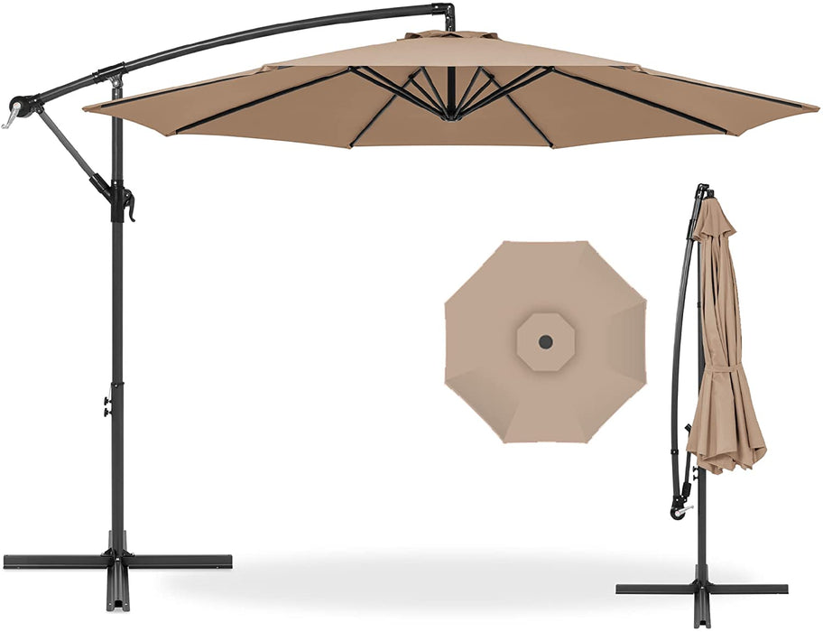 10Ft Offset Hanging Market Patio Umbrella W/Easy Tilt Adjustment, Polyester Shade, 8 Ribs for Backyard, Poolside, Lawn and Garden - Tan