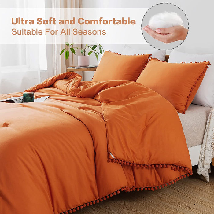 Burnt Orange Pom Pom Fringe Comforter Full(79X90 Inch), 3 Pieces(1 Boho Comforter and 2 Pillowcases) Aesthetic Ball Pom Comforter, Lightweight Soft Microfiber down Alternative Bedding Set