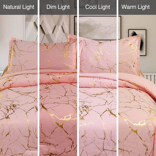 Gold Metallic Marble Comforter Set Queen Size Foil Print Glittering Bedding Sets, Blush/Gold, Queen