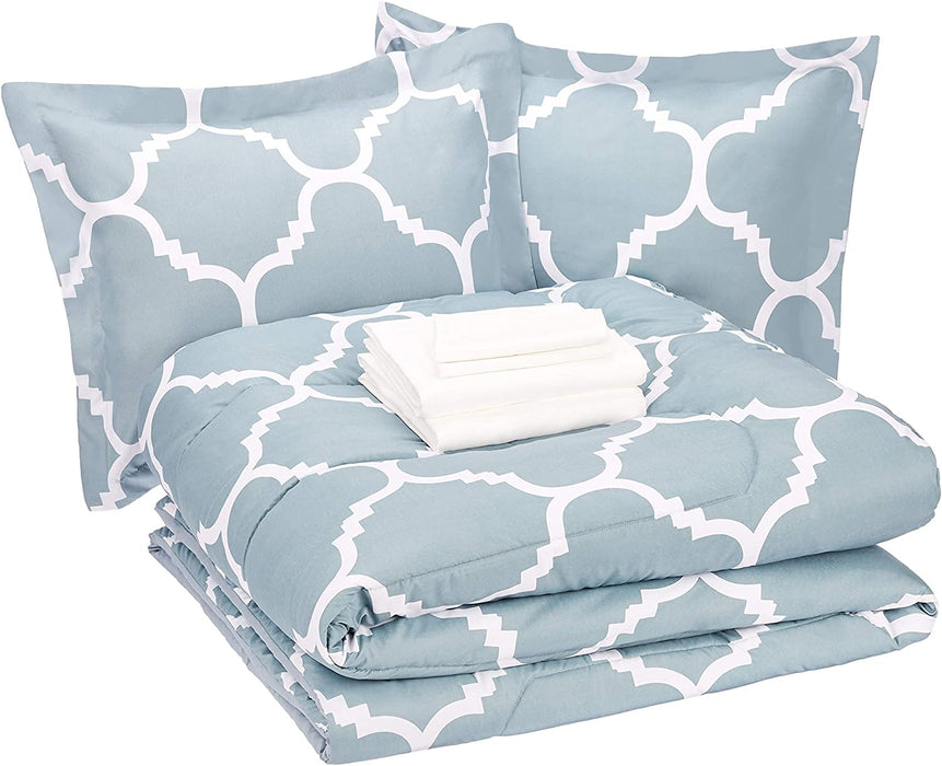 7-Piece Lightweight Microfiber Bed-In-A-Bag Comforter Bedding Set - Full/Queen, Dusty Blue Trellis