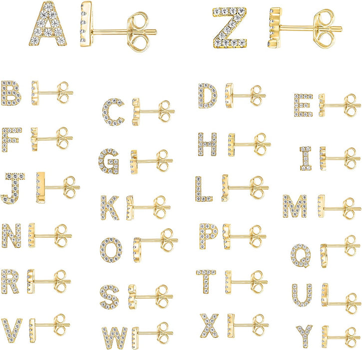 925 Sterling Silver, 14K Gold Plated, CZ Simulated Diamond Stud Earrings Fashion Alphabet Letter Initial Earrings