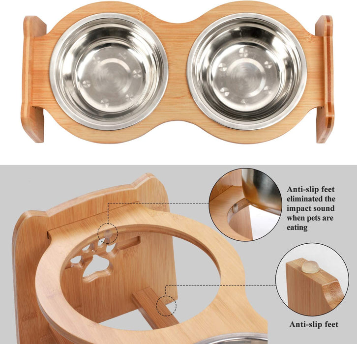 Raised Pet Bowls for Cats and Dogs, Adjustable Bamboo Elevated Dog Cat Food and Water Bowls Stand Feeder with 2 Stainless Steel Bowls and anti Slip Feet (Height 7.9" to 11.4" to 15")