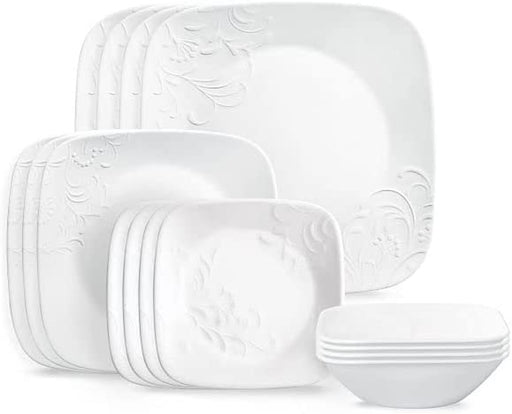 Cherish 16Pc, Service for 4, Dinnerware Set, 8 Plates 8 Bowls, Chip & Break Resistant, Dinner Plates and Dinner Bowls, ware Plates, White