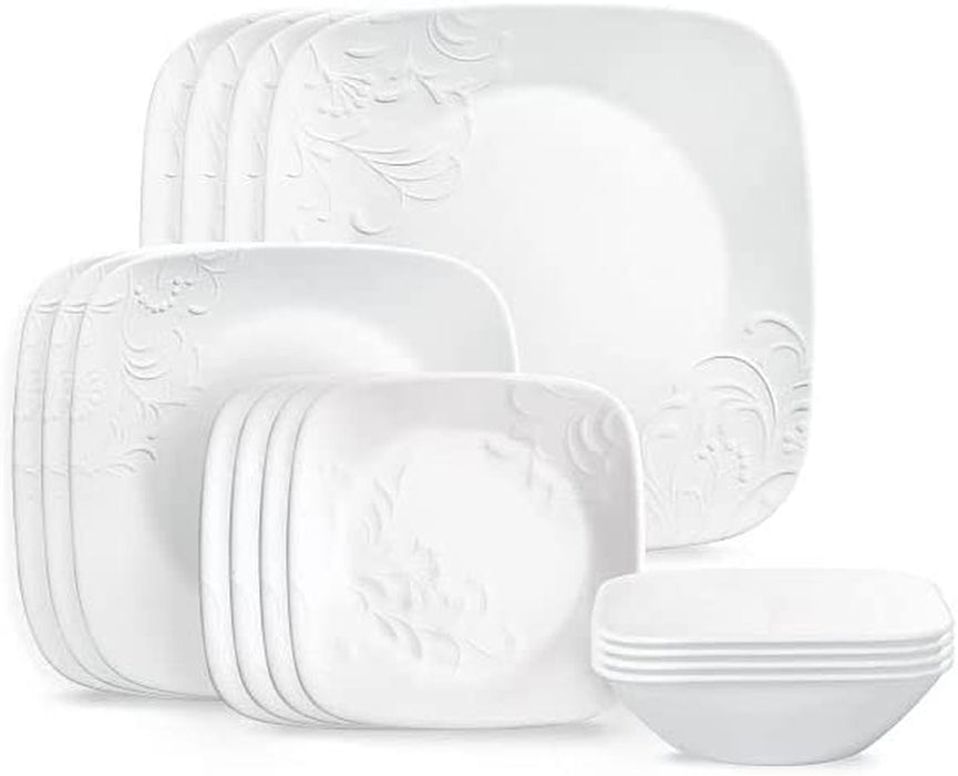Cherish 16Pc, Service for 4, Dinnerware Set, 8 Plates 8 Bowls, Chip & Break Resistant, Dinner Plates and Dinner Bowls, ware Plates, White