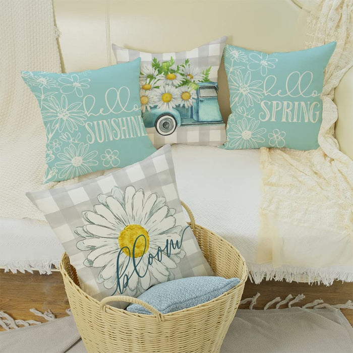 Pillow Covers 18X18 Set of 4 Buffalo Plaid Daisy Truck Bloom Hello Sunshine Spring Pillows Decorative Throw Pillows Light Blue Pillowcase Spring Decorations Farmhouse Decor for Couch Sofa