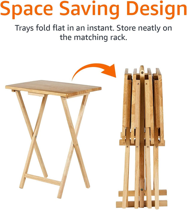 Classic TV Dinner Folding Trays with Storage Rack - Set of 4, Natural