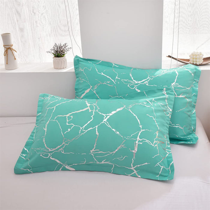 Silver Metallic Marble Comforter Set Queen Size Foil Print Glitter Bedding Set, Aqua/Silver