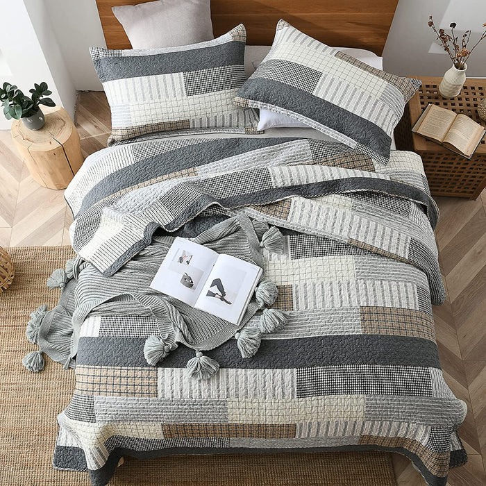 Quilt Queen Size 100% Cotton Queen Size Quilts Grey Black Brown Bedspreads Plaid Quilts Lightweight Soft Breathable Bedding Sets for All Season, 3 Piece
