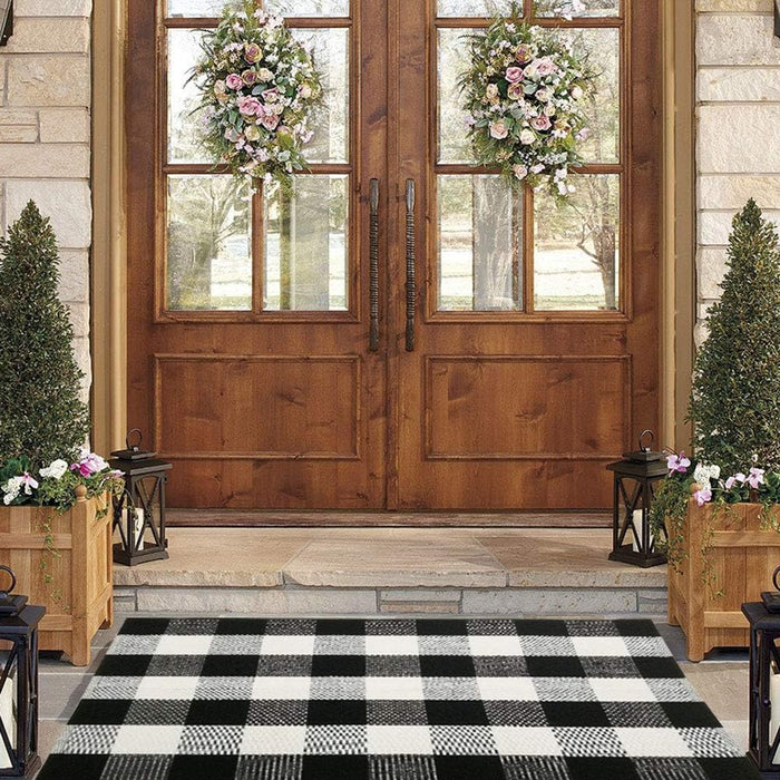 Buffalo Plaid Check Rug - 27.5''X43'' Cotton Hand-Woven Indoor/Outdoor Area Rugs for Layered Door Mats Washable Carpet for Porch/Kitchen/Farmhouse Black/White