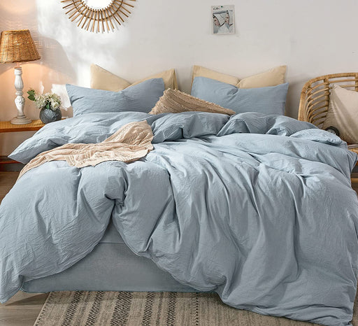 Bedding Duvet Cover Set 100% Washed Cotton Linen like Textured Breathable Durable Soft Comfy (Cornflower Blue, Queen)