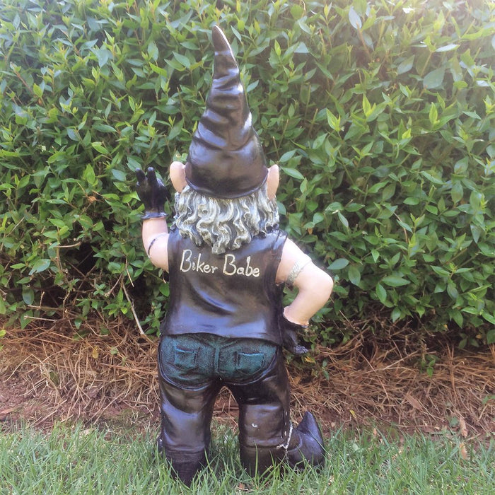 Homestyles Peace Sign "Biker Babe & Dude" the Biker Gnome Riding His Black Bike in Leather Motorcycle Gear Large Outdoor Garden Statue 14.5"H and 12"H