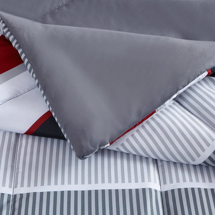 Mainstays Red and Gray Stripe 8 Piece Bed in a Bag Comforter Set with Sheets, King
