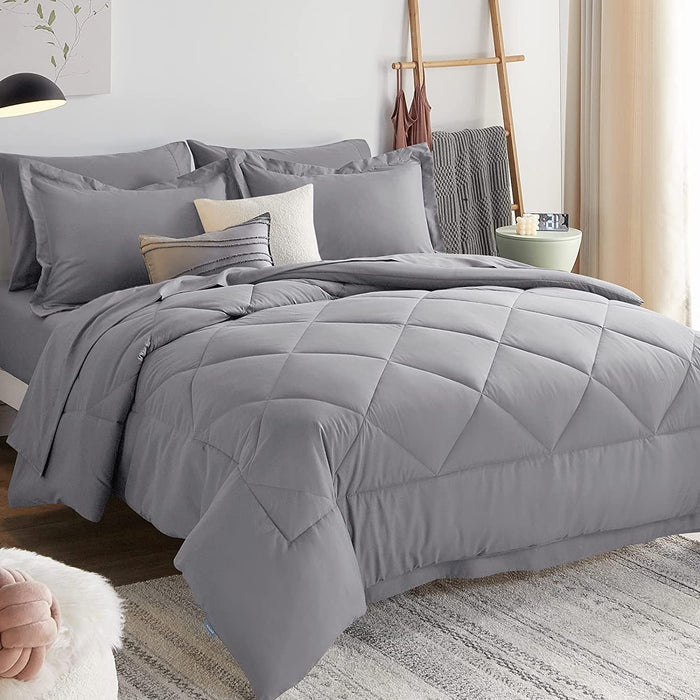 Queen Bed in a Bag 7-Pieces Comforter Set with Sheets Light Grey All Season Bedding Sets with Comforter, Pillow Shams, Flat Sheet, Fitted Sheet and Pillowcases