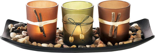 Votive Candle Holder, Vintage Decor Flameless Natural Candlescape Set, 3 LED Tea Light Candles, Rocks and Tray (Natural Earth Tones) Bath Decor Decorative Candles Zen Room Decor Gift