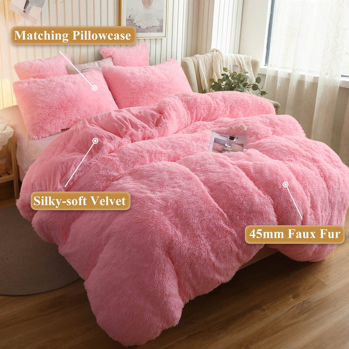 3 Piece Fluffy Duvet Cover Set, Luxury Ultra Soft Faux Fur Fuzzy Comforter Cover Set, Velvet Shaggy Plush Furry Bedding Set with 2 Pillow Covers, Zipper Closure, Queen Size, Pink