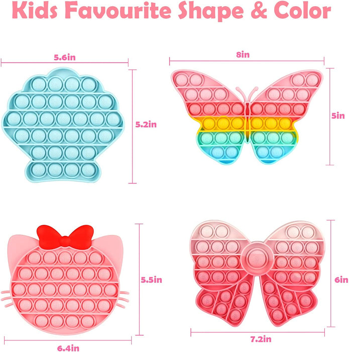 Girls Push Bubble Fidget Toys 4 Packs with Pop Sound, Pastel Rainbow Butterfly Pink Cute Kitten Cat Bow Blue Seashell Popper Autism Sensory Stress Reliever Toys for Toddlers Kids Car Travel