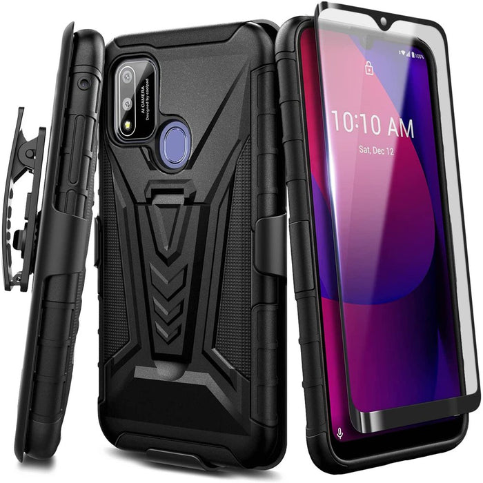 Coolpad SUVA Phone Case with Tempered Glass Screen Protector (Full Coverage),  Belt Clip Holster with Built-In Kickstand, Heavy Duty Shockproof Armor Rugged Case (Black)
