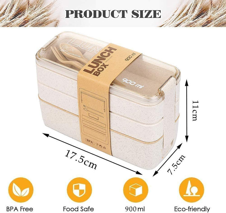Bento Box Lunch Box for Adults Kids,  3-In-1 Compartment Containers - Wheat Straw, Leakproof Eco-Friendly Bento Lunch Box Meal Prep Containers Microwave Safe (Beige)