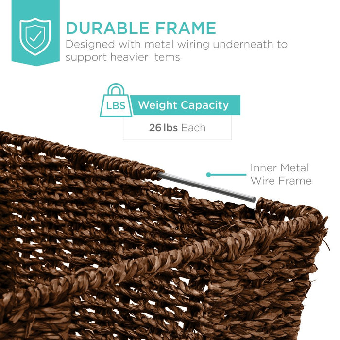 Set of 4 Multipurpose Stackable Seagrass Laundry Organizer Tote Baskets W/ Insert Handles - Brown