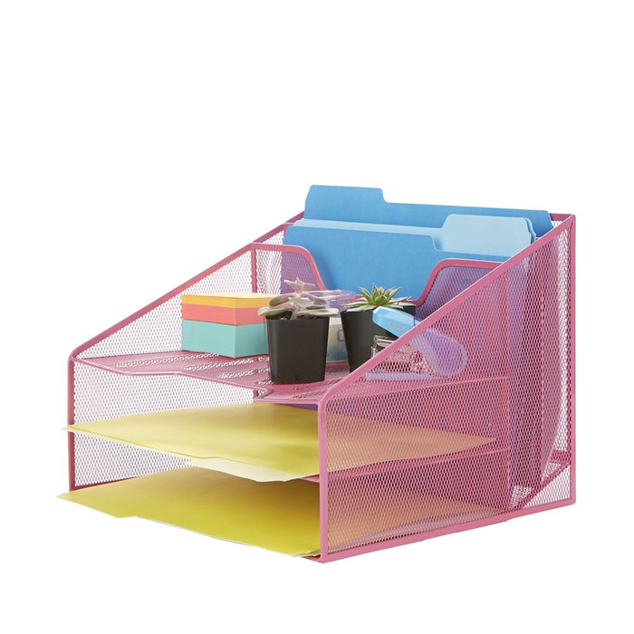 Mind Reader 3-Tier Mesh Desk File Organizer Tray with 5 Compartments, Pink