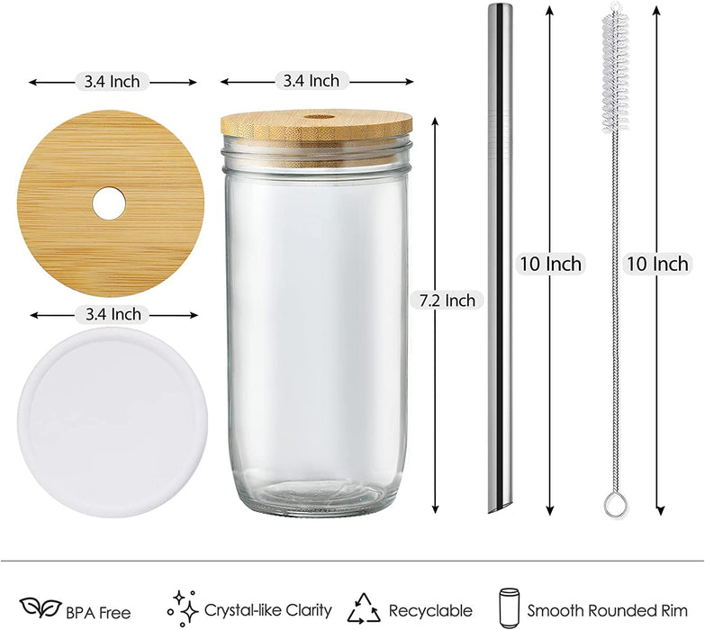 [ 4 Pack ] Glass Cups Set - 24Oz Mason Jar Drinking Glasses W Bamboo Lids & Straws & 2 Airtight Lids - Cute Reusable Boba Bottle, Iced Coffee Glasses, Travel Tumbler for Bubble Tea, Smoothie, Juice