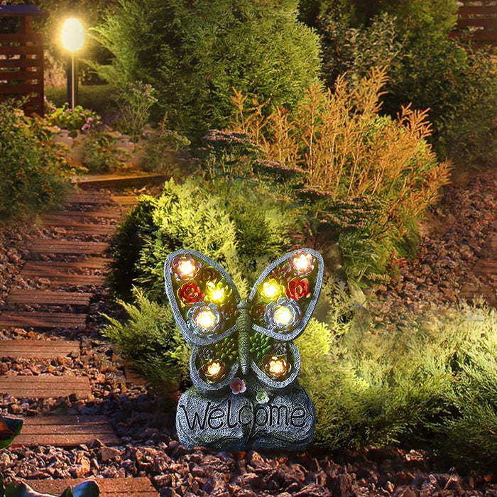 Solar Garden Sculptures & Statues -Succulent Butterfly Resin Craft Garden Statue Outdoor Decor with Solar Powered 8 LED Lights for Garden, Patio, Lawn, Yard, Balcony, Porch’