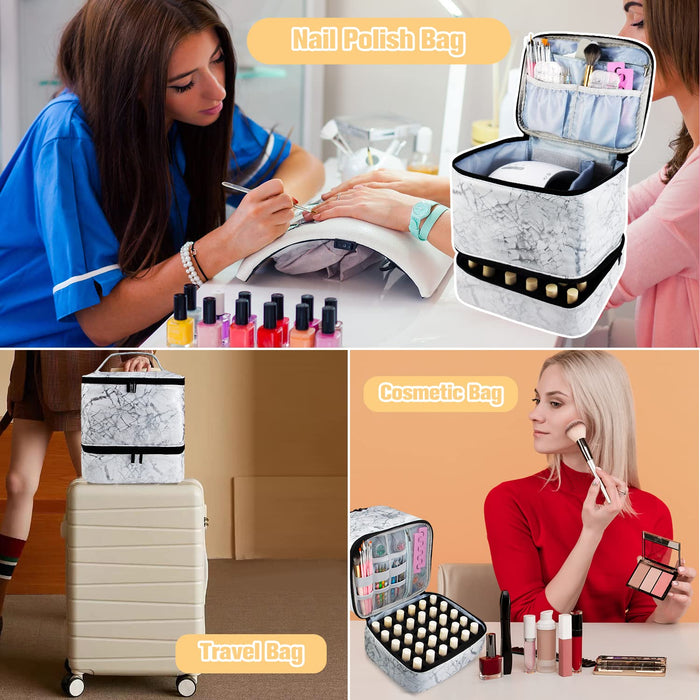 Nail Polish Organizer and Nail Dryer Case, Double-Layer Nail Polish Storage Holds 30 Bottles (15Ml/0.5 Fl.Oz) and 1 Led Nail Lamp, Travel Carrying Case for Nail Polish Kit Set (Marbling-White)