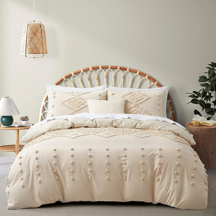 Oli Anderson Duvet Cover Queen Size, 3 Pieces Boho Tufted Bedding Set for All Seasons, Soft and Embroidery Shabby Chic Duvet Covers Set with Zipper Closure (Beige, Queen, 90’’ X 90’’)