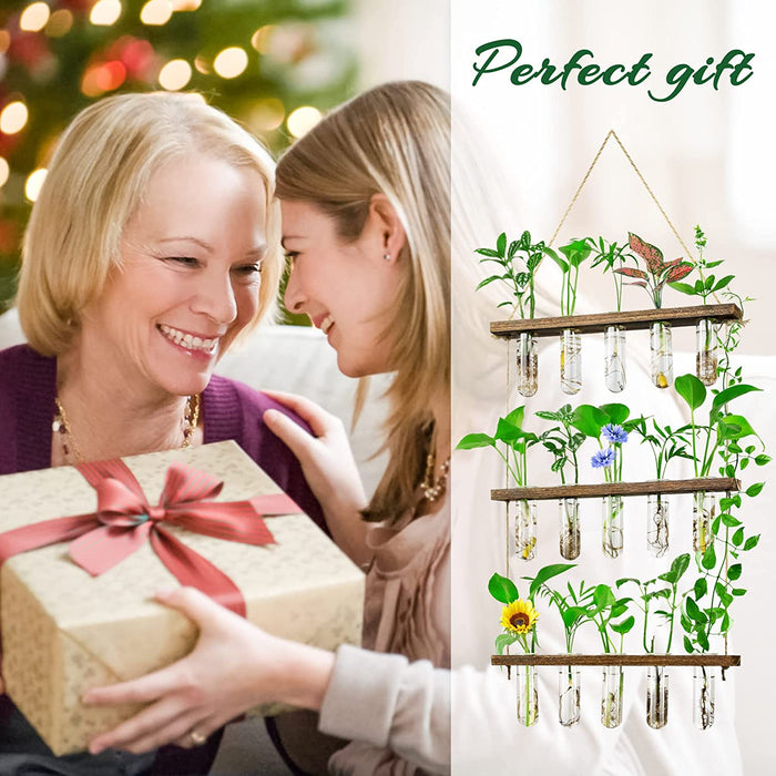 3 Tier Large Propagation Stations Wall Hanging Plant Terrarium with Wooden Stand, Retro Propagation Test Tube for Hydroponic Plants Cutting Flower, Propagator Home Office Patio Decor-Brown