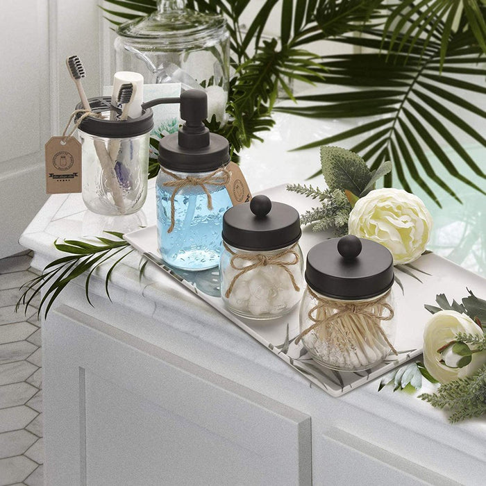 Set of 4 Mason Jar Bathroom Accessories - Clear Mason Jar Soap Dispenser&2 Apothecary Jars & Toothbrush Holder - Bathroom Home Decor Clearance, Countertop Vanity Organizer