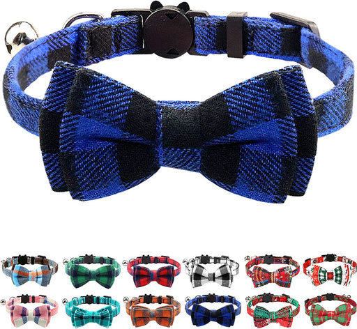Breakaway Cat Collar with Cute Bow Tie and Bell, Plaid Patterns, 1 Pack Girl Boy Kitty Safety Collars, Blue