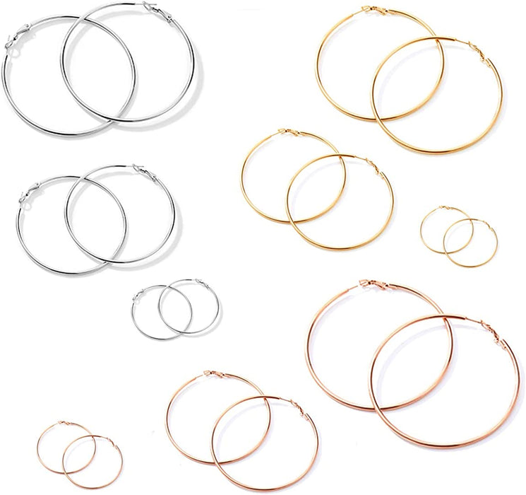 Cocamiky 9 Pairs Big Gold Hoop Earrings Set for Women Girls,Stainless Steel 14K Gold Plated Thin Hoops Rose Gold Silver Hypoallergenic Sterling Silver Post for Sensitive Ears Jewelry