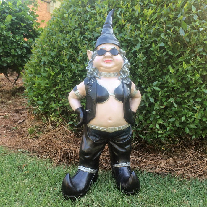Homestyles "Biker Babe & Dude" the Biker Gnome Riding His Black Bike in Leather Motorcycle Gear Large Outdoor Garden Statue 14.5"H and 12"H
