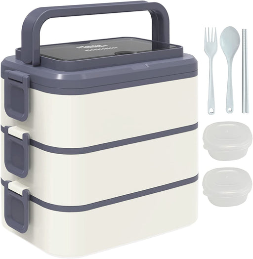 Bento Box Lunch Box, Adult Lunch Container with 3L Large Capacity, Microwave Safe 3 Layers Stackable Lunch Box, Leakproof Food Container with Dividers and Sauce Boxes for Kids and Adults