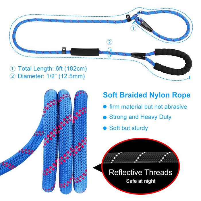 Slip Lead Dog Leash, Anti-Choking with Traffic Padded Two Handles, Reflective Strong Sturdy Heavy Duty Rope Leash, 6FT Dog Training Leash for Medium Large Dogs(6' Navy Blue)
