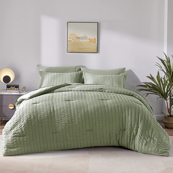 Queen Seersucker Comforter Set with Sheets Green Bed in a Bag 7-Pieces All Season Bedding Sets with Comforter, Pillow Sham, Flat Sheet, Fitted Sheet, Pillowcase