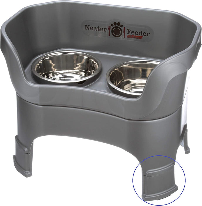 Neater Feeder Deluxe with Leg Extensions for Small Dogs - Mess Proof Pet Feeder with Stainless Steel Food & Water Bowls - Drip Proof, Non-Tip, and Non-Slip - Gunmetal Grey