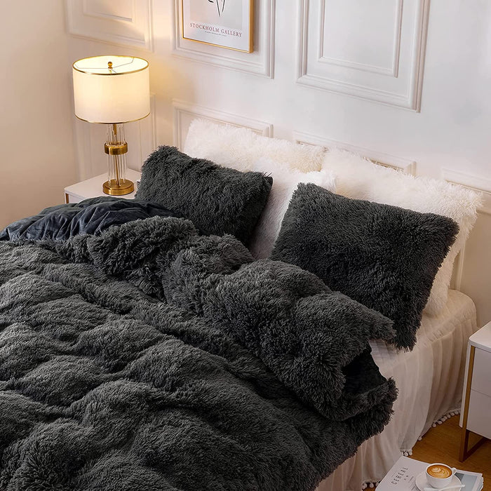 Plush Fluffy Duvet Cover Oeko-Tex Certified Luxury Ultra Soft Shaggy Crystal Velvet Bedding Set 3 Pieces(1 Duvet Cover + 2 Pillow Shams) Zipper Closure(Queen, Dark Gray)
