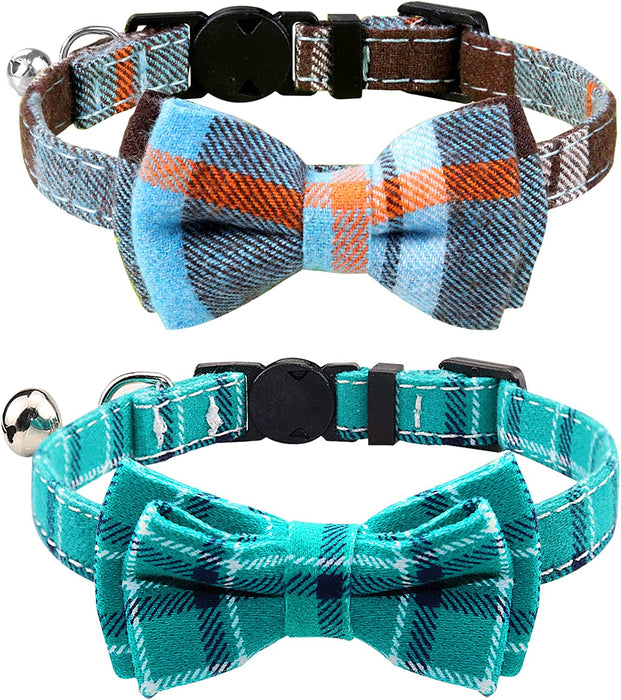 Breakaway Cat Collar with Cute Bow Tie and Bell, Plaid Patterns, 1 Pack Girl Boy Kitty Safety Collars, Blue