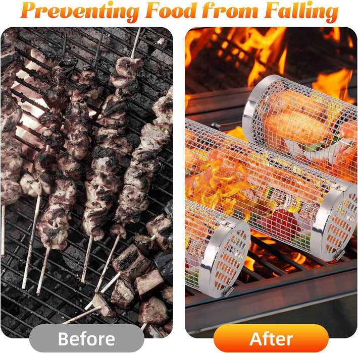 Rolling Grill Baskets for Outdoor Grilling : 2 Pcs Stainless Steel Grill Mesh, Rolling Grill Baskets for Outdoor Grill, Portable Grill Nets Cylinder for Shrimp, Meat Barbecue Camping Picnic with Forks